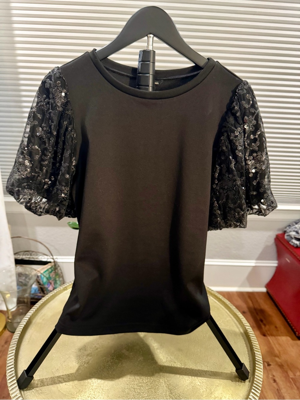Versona Black Sequin Puff Sleeve Tee.  Never Worn.